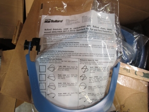 LOT TO INCLUDE: (500) VISORS, 8" LG X 0.06" THK SIZE, PLASTIC MATERIAL, CLEAR COLOR. SNAP-IN 100 PER BOX, (40) BRACKETS, 11" X 8" SIZE, VISOR KIND, PLASTIC MATERIAL, (15) SHIELDS, FACE KIND, 0.06" X 8" X 16" SIZE. WITH SPARK GUARD HEADGEAR, CLEAR POLY CARBONATE VISOR, RATCHETTYPE HEADBAND ASSEMBLY,. LOADING & HANDLING FEE $15-4221